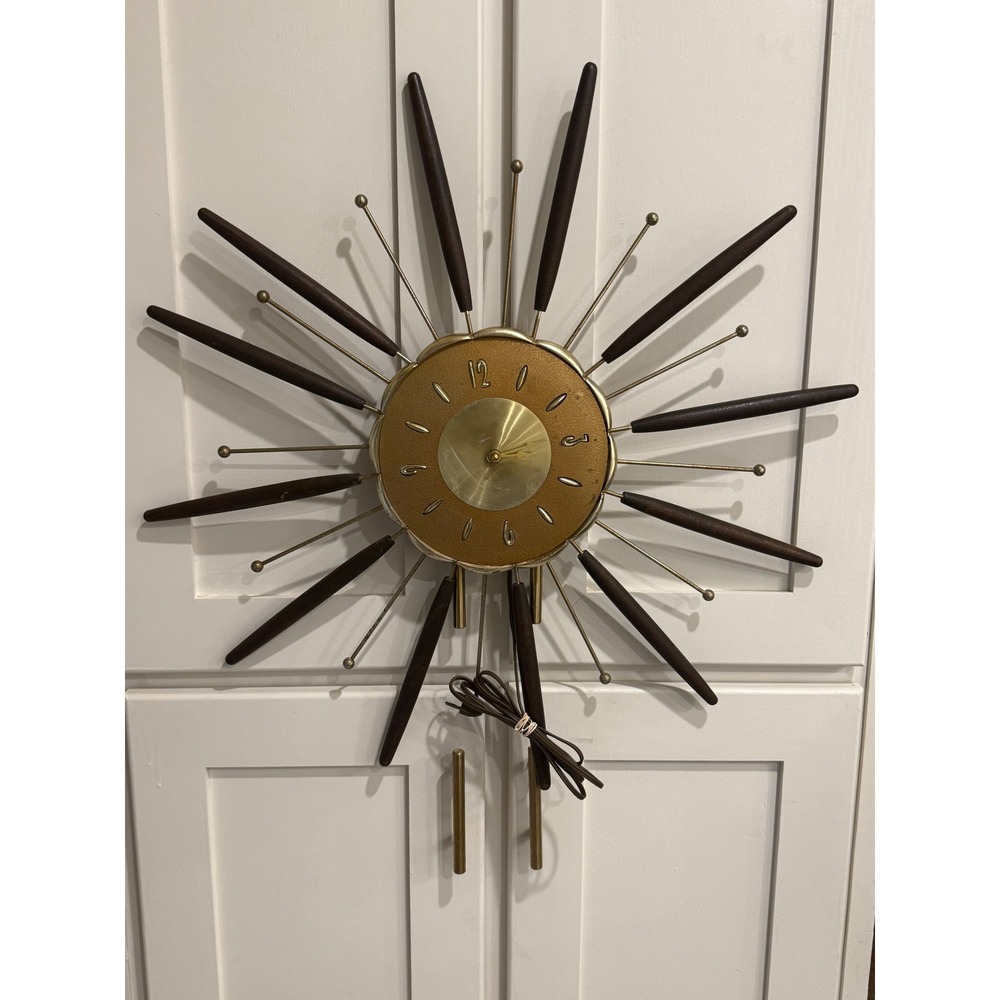 Vintage 1963 Lux Robertshaw Starburst Wall Clock MCM Atomic Wood Brass Electric